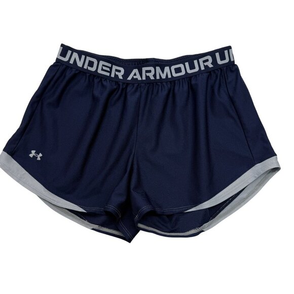Under Armour Athletic Shorts Logo Loose Fit Blue Gray Workout Casual Womens L - Picture 1 of 10